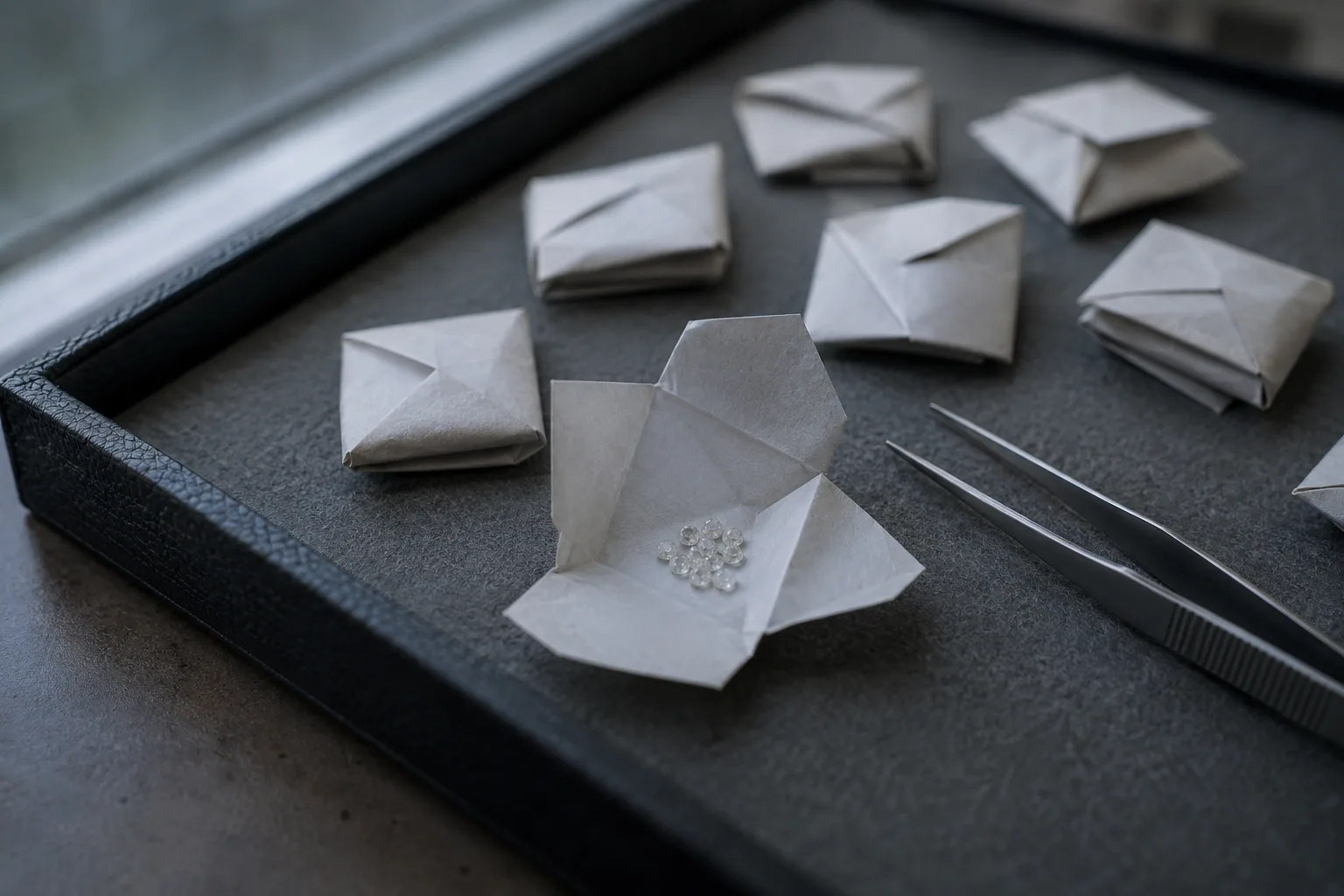Steel tweezers holding a loose round diamond above a paper parcel of unset stones