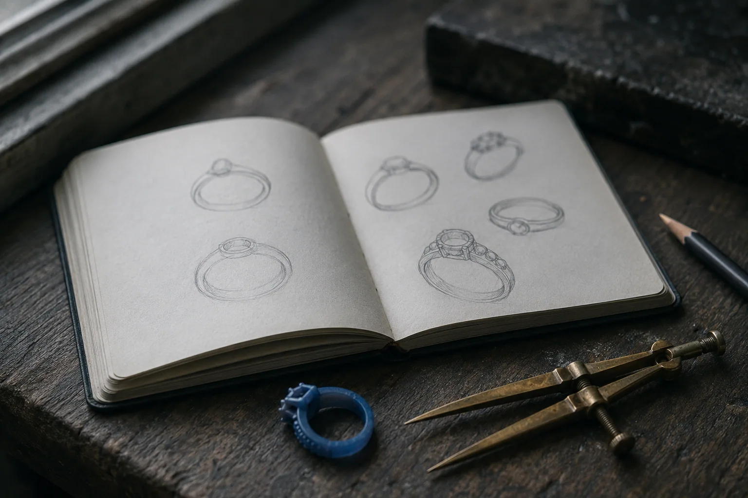 A diamond ring beside a carved wax model and an open sketchbook of ring drawings