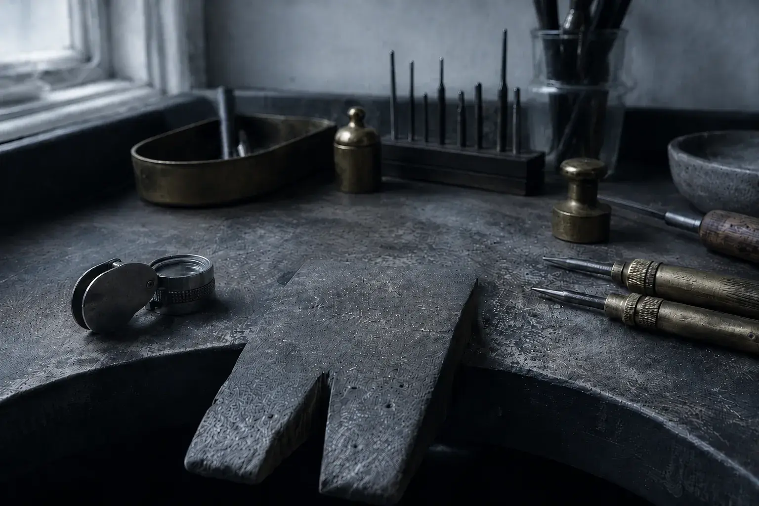 A jeweller’s workbench with brass gravers, a steel loupe and a ring held in a clamp
