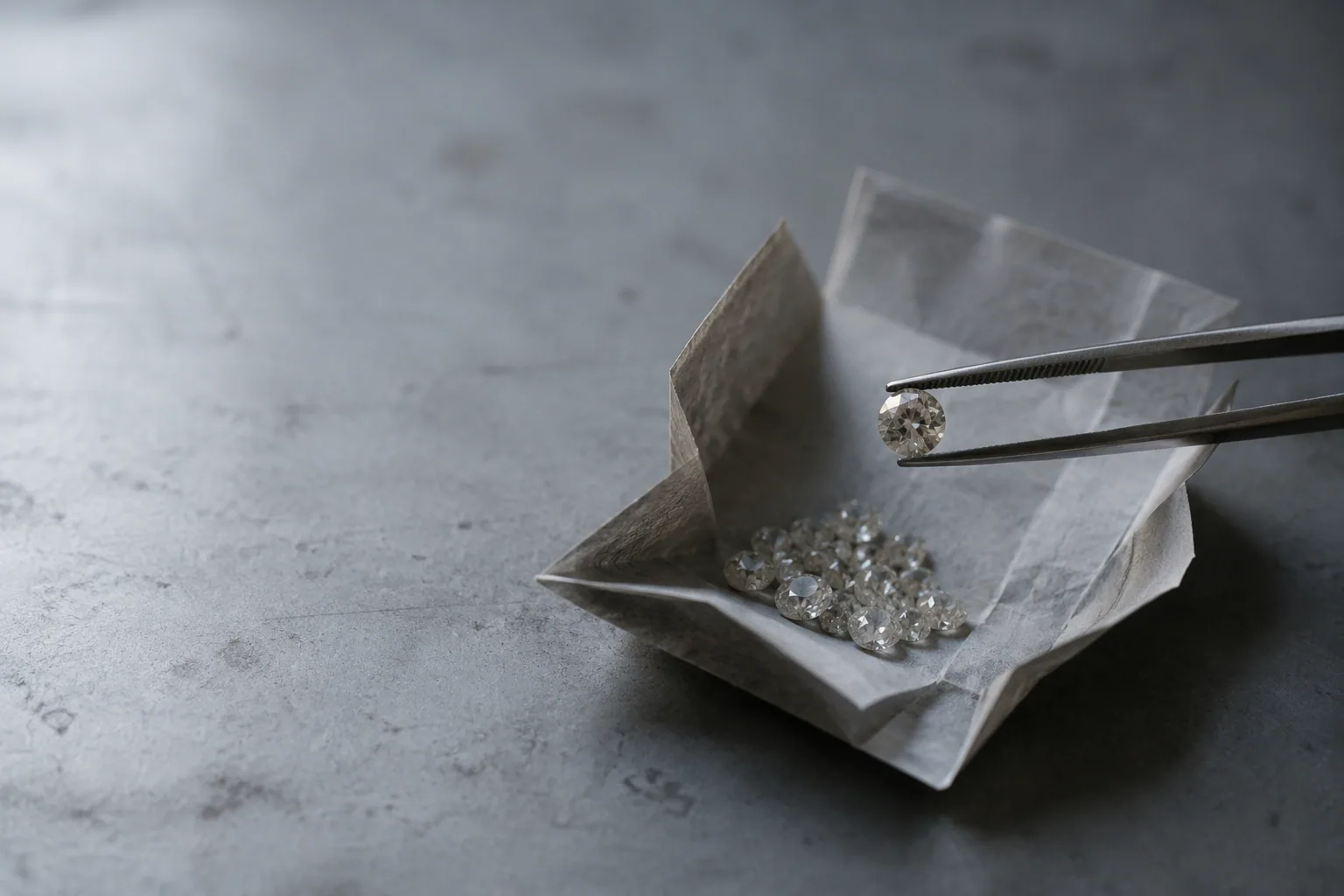 A diamond engagement ring on a velvet pad on a polished stone counter