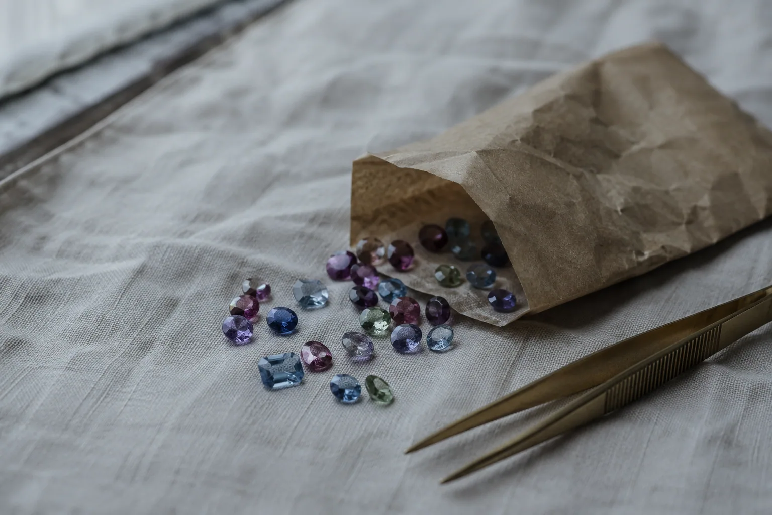 A coloured gemstone ring on linen with loose sapphires and emeralds beside it