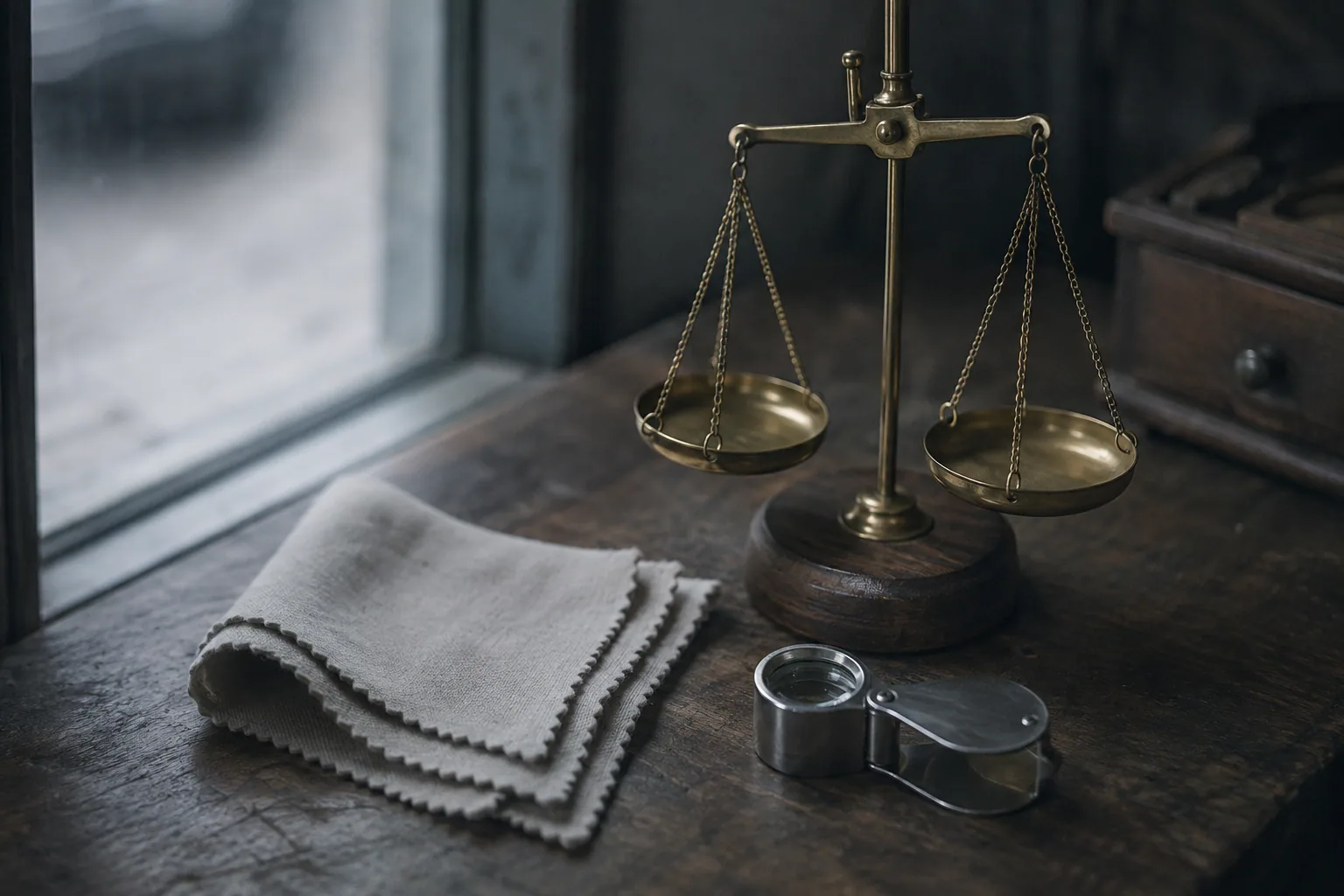 A diamond ring on a jeweller’s cloth with small brass scales and a loupe